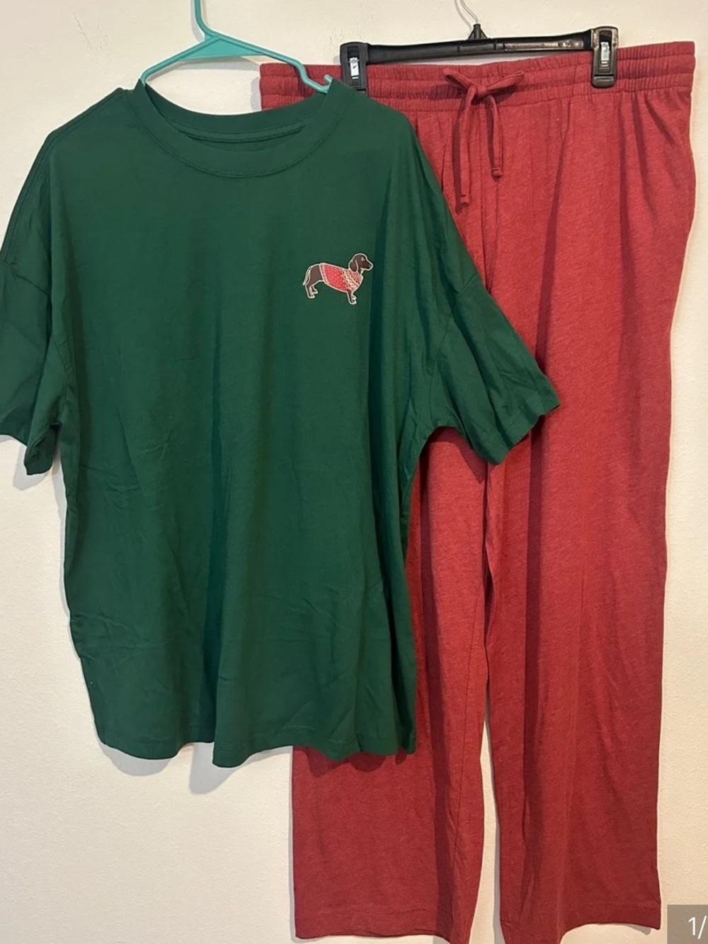 Goodfellow & Co Green Short Sleeve Top with Red Pants Pajama Set